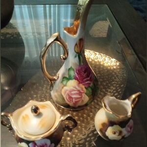 Vintage Floral Porcelain Pitcher and Creamer Set with Gold Accents